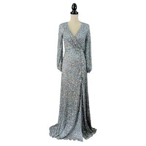 Mac duggal silver sequin gown sz 12 NWT plunge neckline slit long sleeve